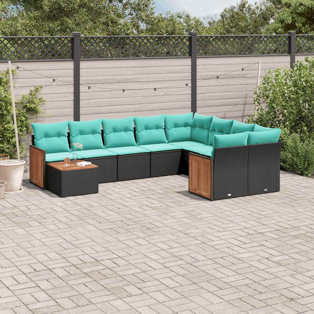10-teiliges Gartensofa-Set mit Kissen, schwarzes Polyrattan