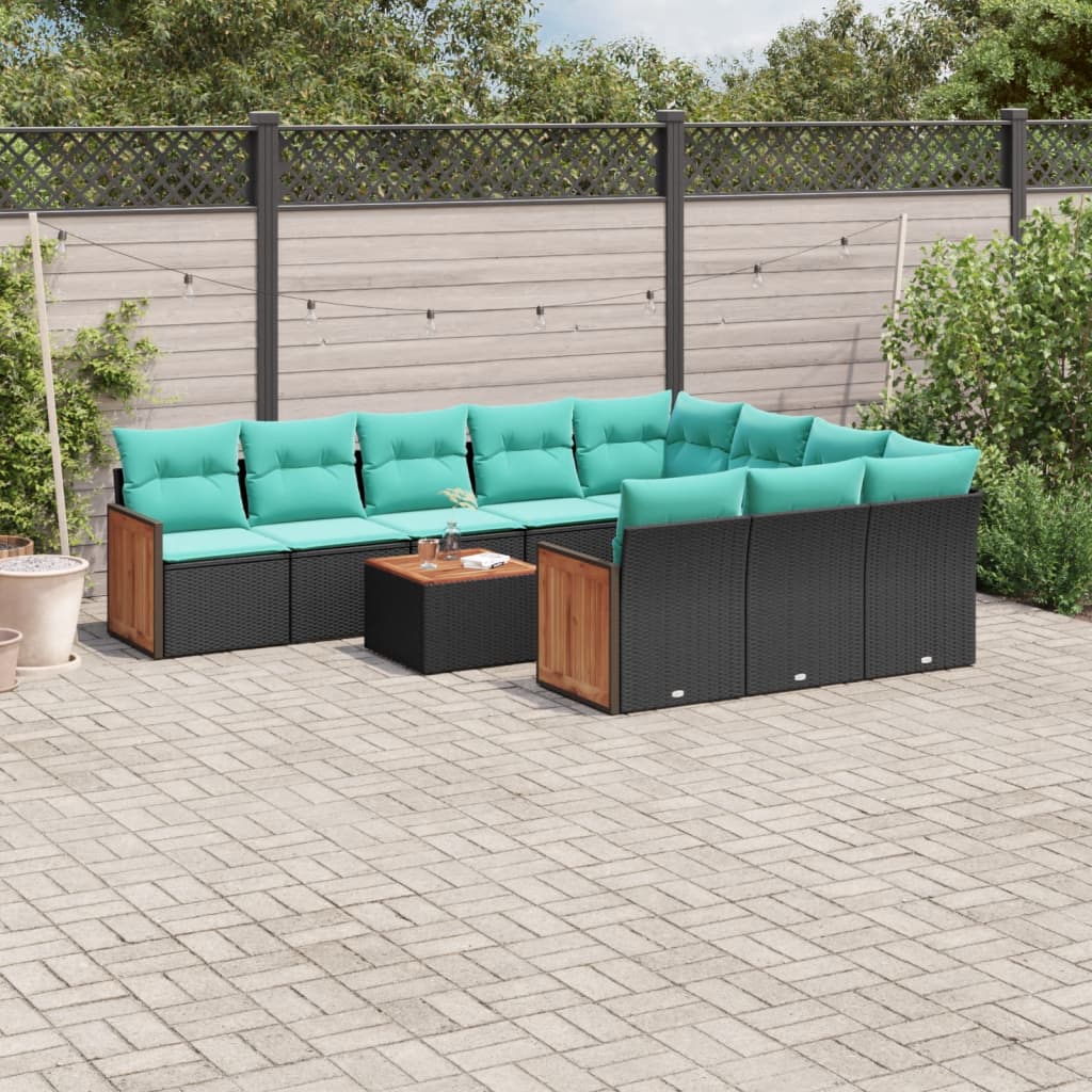 11-teiliges Gartensofa-Set mit Kissen, schwarzes Polyrattan