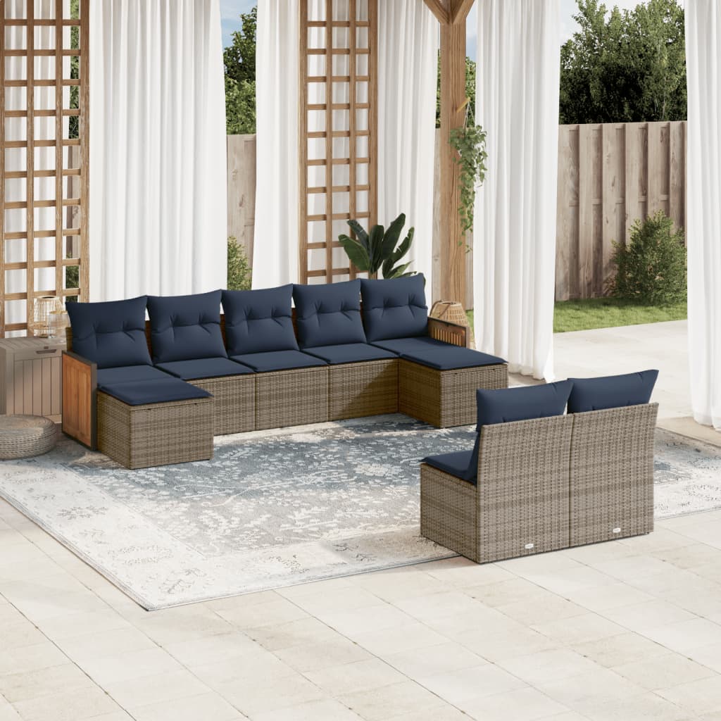 9-teiliges Gartensofa-Set mit Kissen, grau, Polyrattan