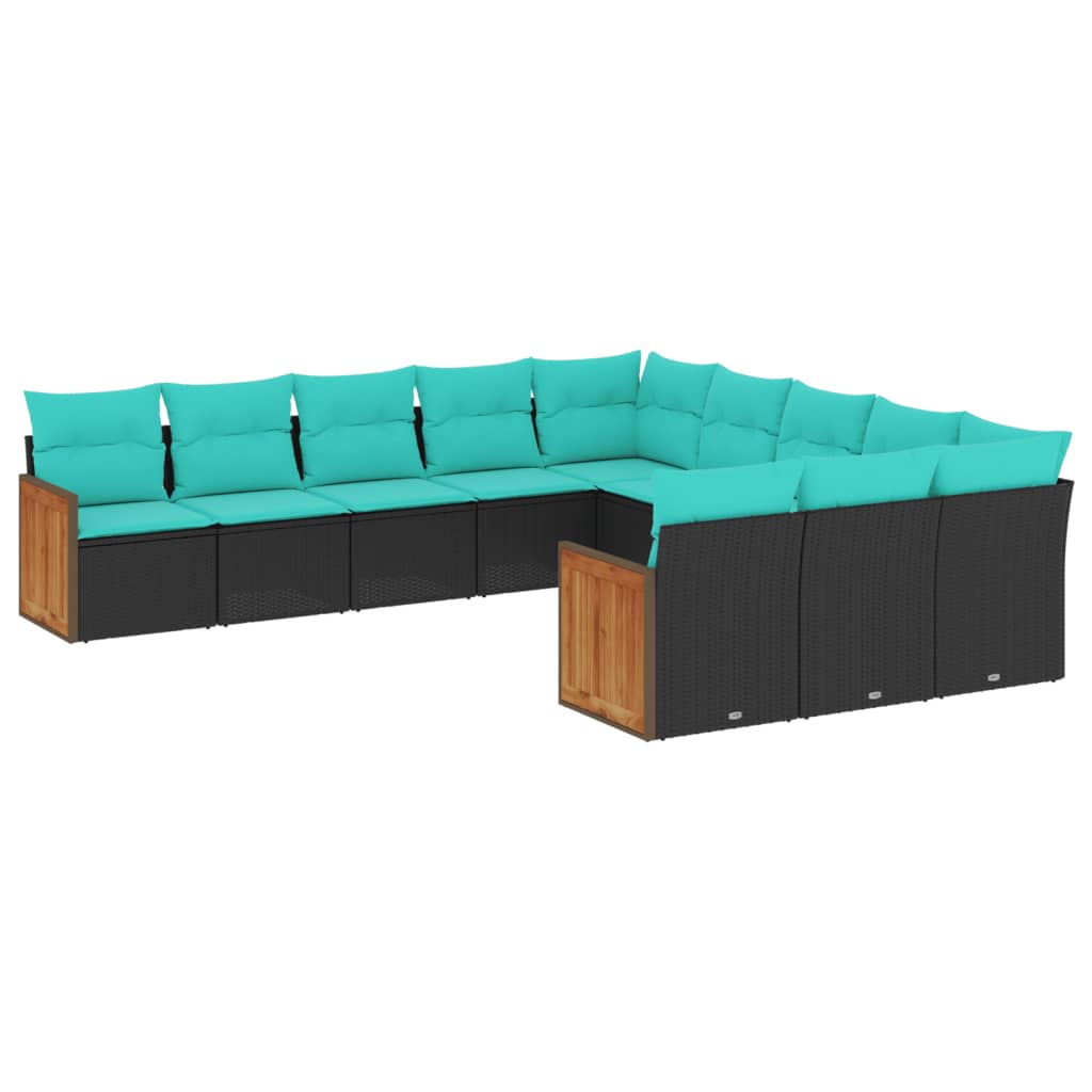 11-teiliges Gartensofa-Set mit Kissen, schwarzes Polyrattan