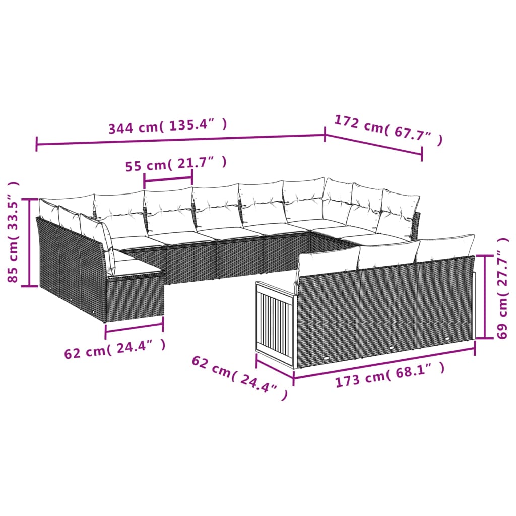 13-teiliges Gartensofa-Set mit Kissen, schwarzes Polyrattan