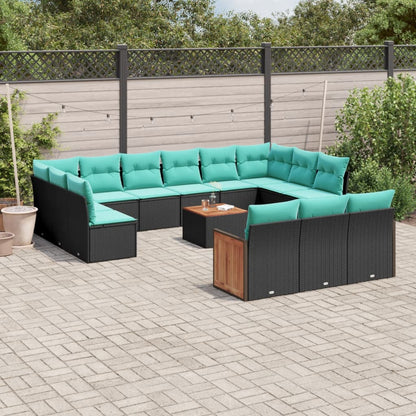 14-teiliges Gartensofa-Set mit Kissen, schwarzes Polyrattan
