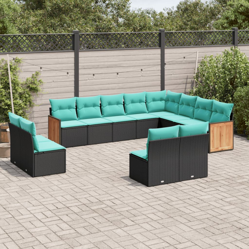 12-teiliges Gartensofa-Set mit Kissen, schwarzes Polyrattan