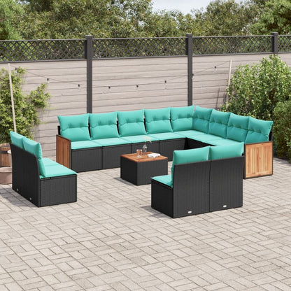 13-teiliges Gartensofa-Set mit Kissen, schwarzes Polyrattan