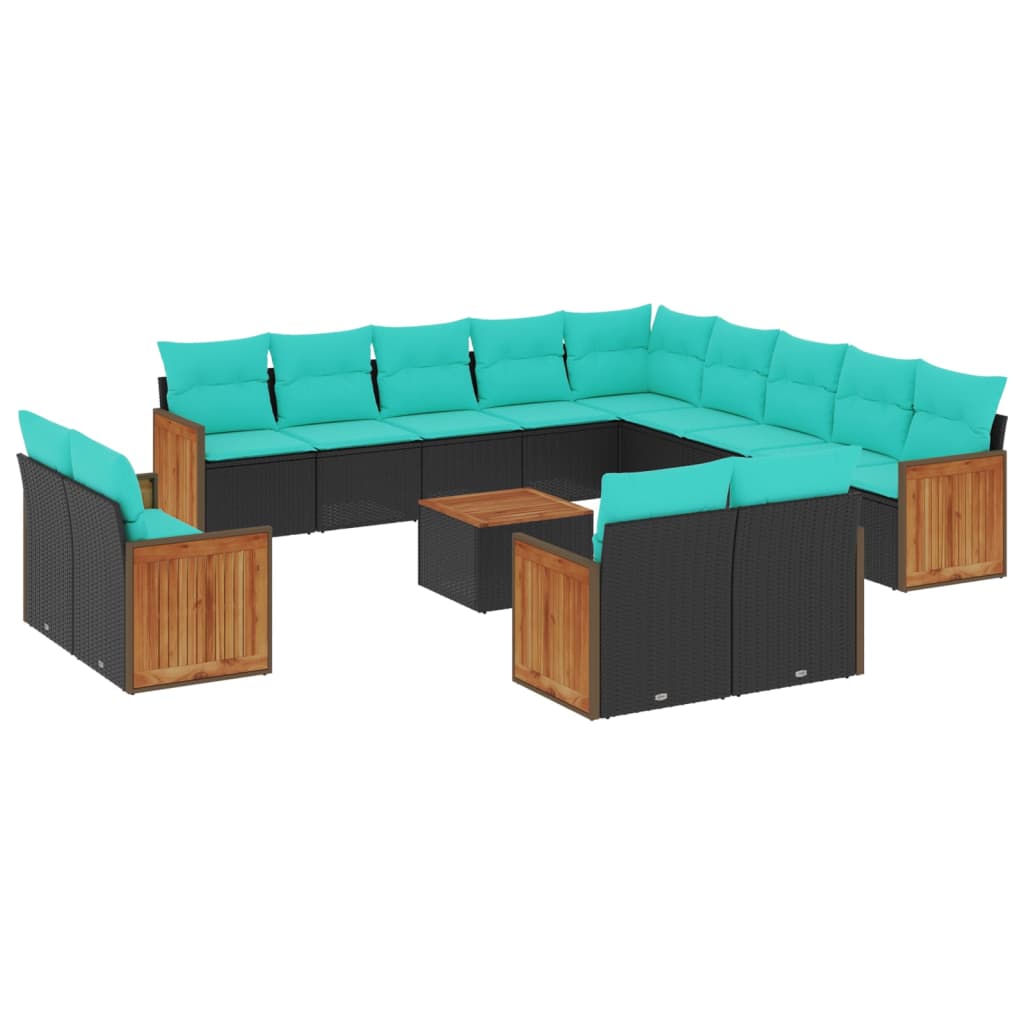 14-teiliges Gartensofa-Set mit Kissen, schwarzes Polyrattan