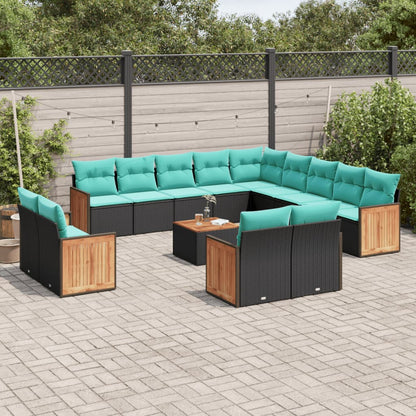 14-teiliges Gartensofa-Set mit Kissen, schwarzes Polyrattan