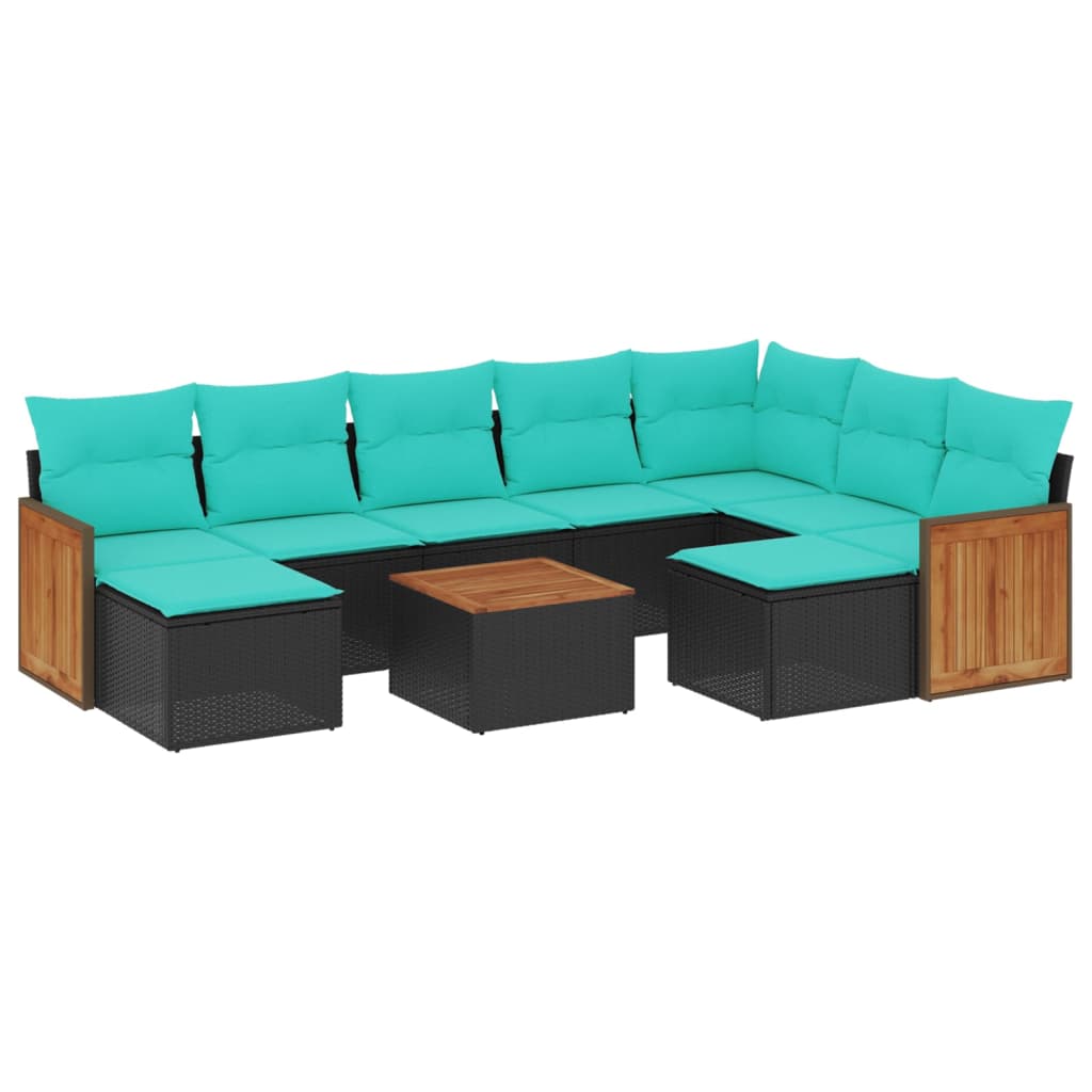 10-teiliges Gartensofa-Set mit Kissen, schwarzes Polyrattan