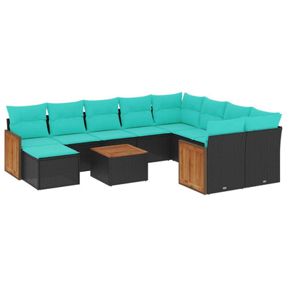 11-teiliges Gartensofa-Set mit Kissen, schwarzes Polyrattan