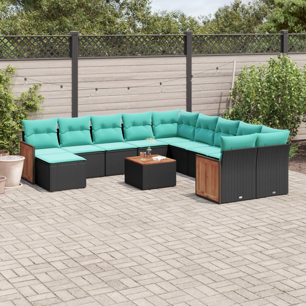12-teiliges Gartensofa-Set mit Kissen, schwarzes Polyrattan