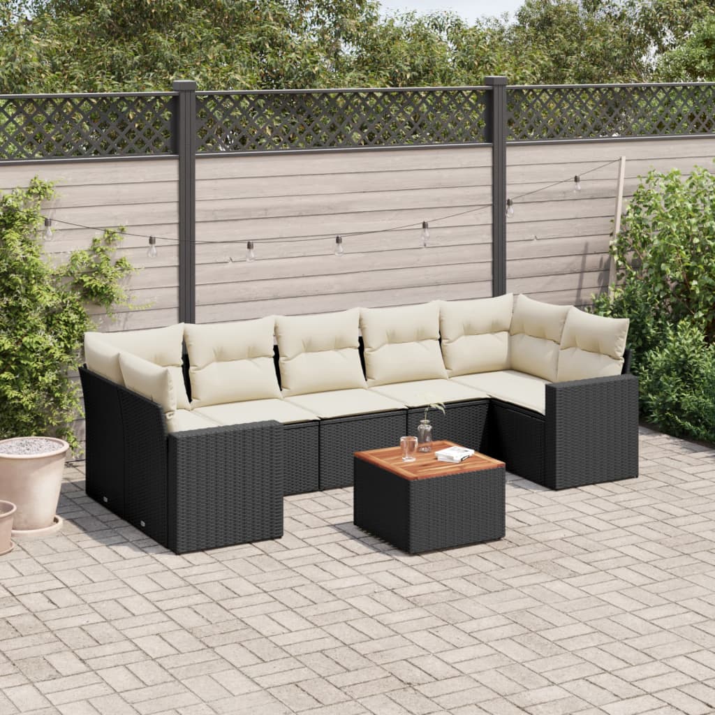 8-tlg. Garten-Sofagarnitur mit Kissen Schwarz Poly Rattan