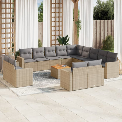 14-tlg. Garten-Sofagarnitur mit Kissen Beige Poly Rattan