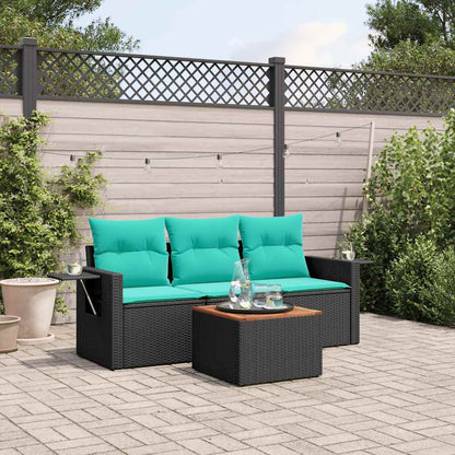 4-teiliges Gartensofa-Set mit Kissen, schwarzes Polyrattan