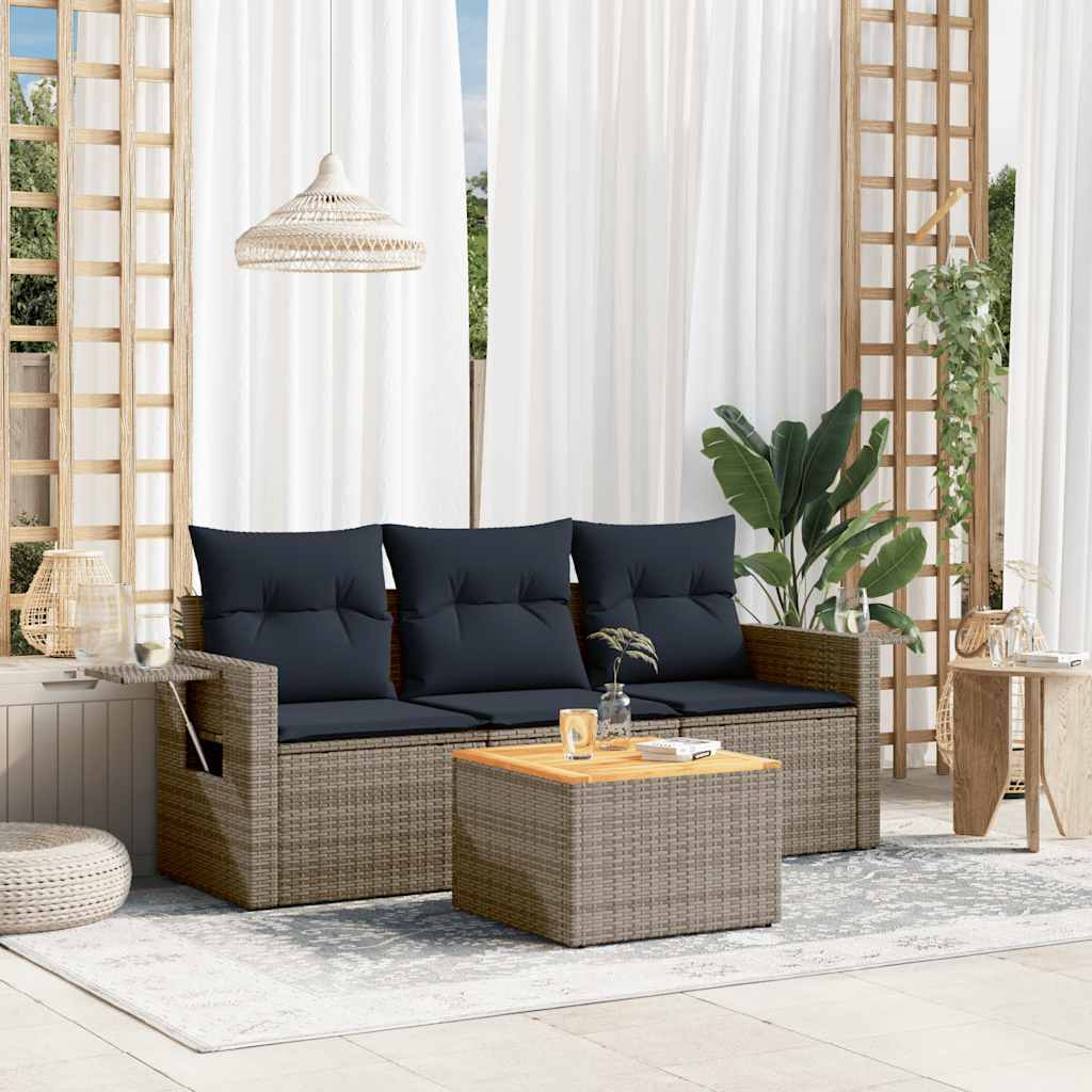 4-teiliges Gartensofa-Set mit Kissen, grau, Polyrattan