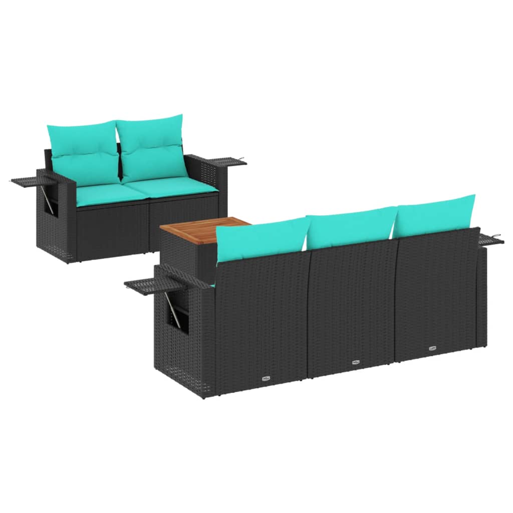 6-teiliges Gartensofa-Set mit Kissen, schwarzes Polyrattan