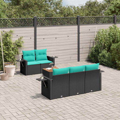 6-teiliges Gartensofa-Set mit Kissen, schwarzes Polyrattan