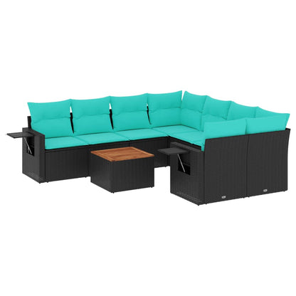 9-teiliges Gartensofa-Set mit Kissen, schwarzes Polyrattan