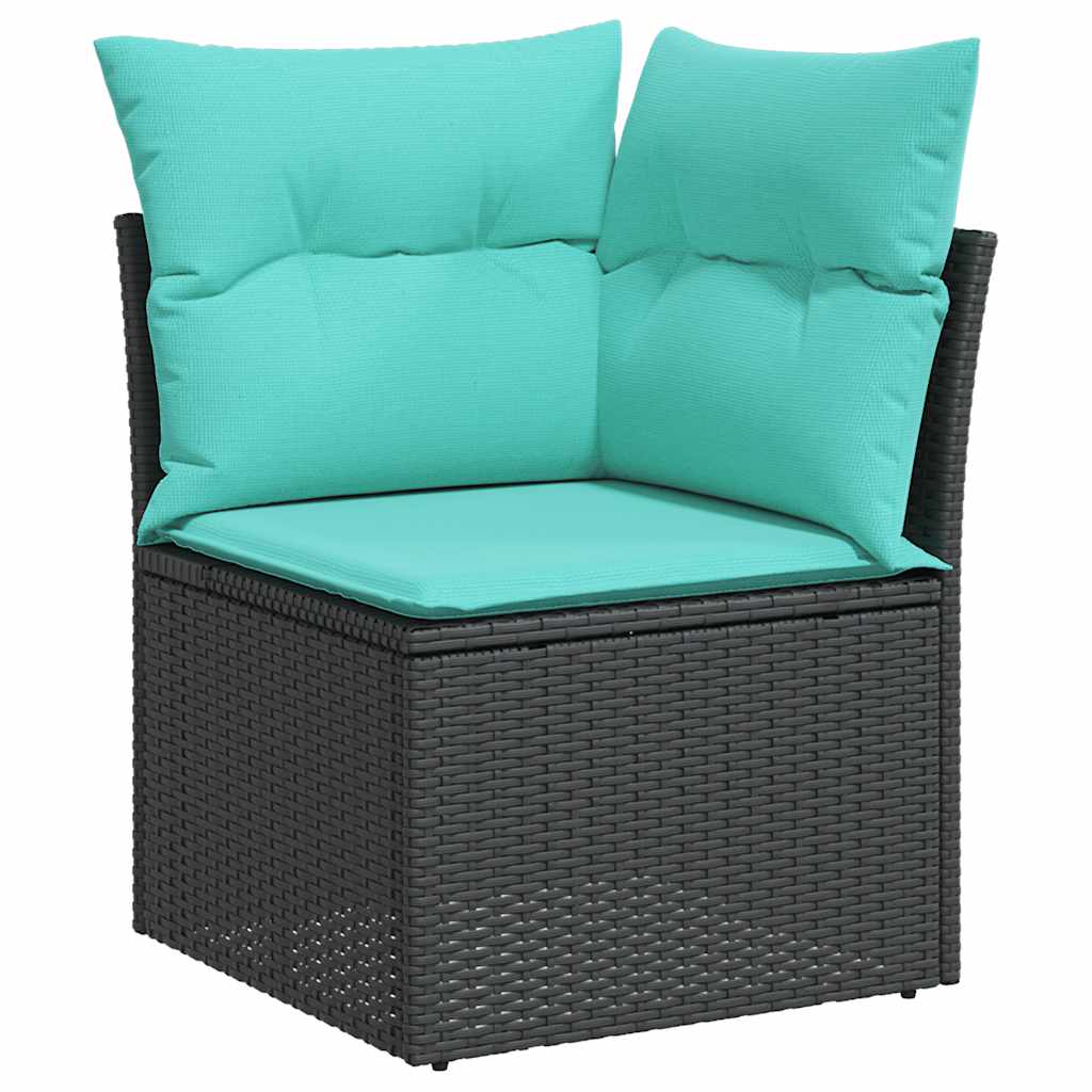 9-teiliges Gartensofa-Set mit Kissen, schwarzes Polyrattan