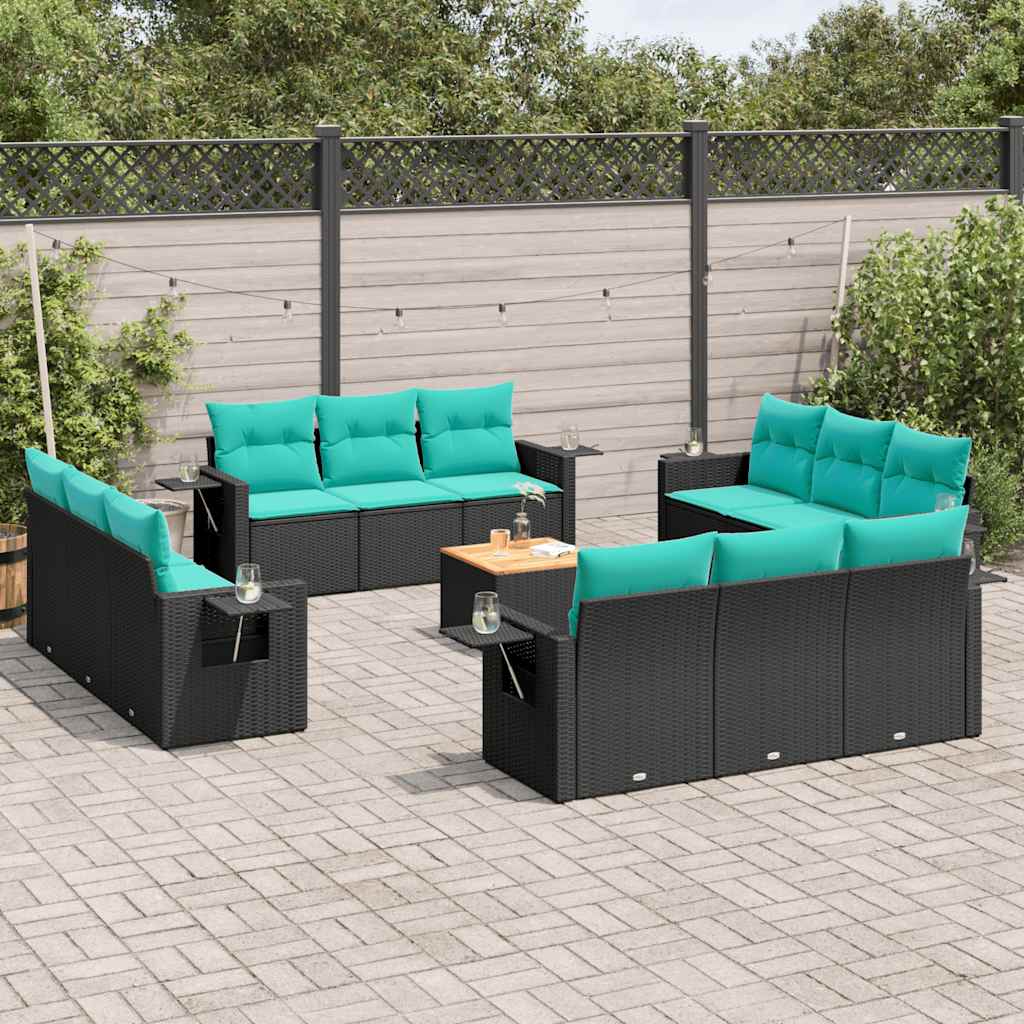 13-teiliges Gartensofa-Set mit Kissen, schwarzes Polyrattan