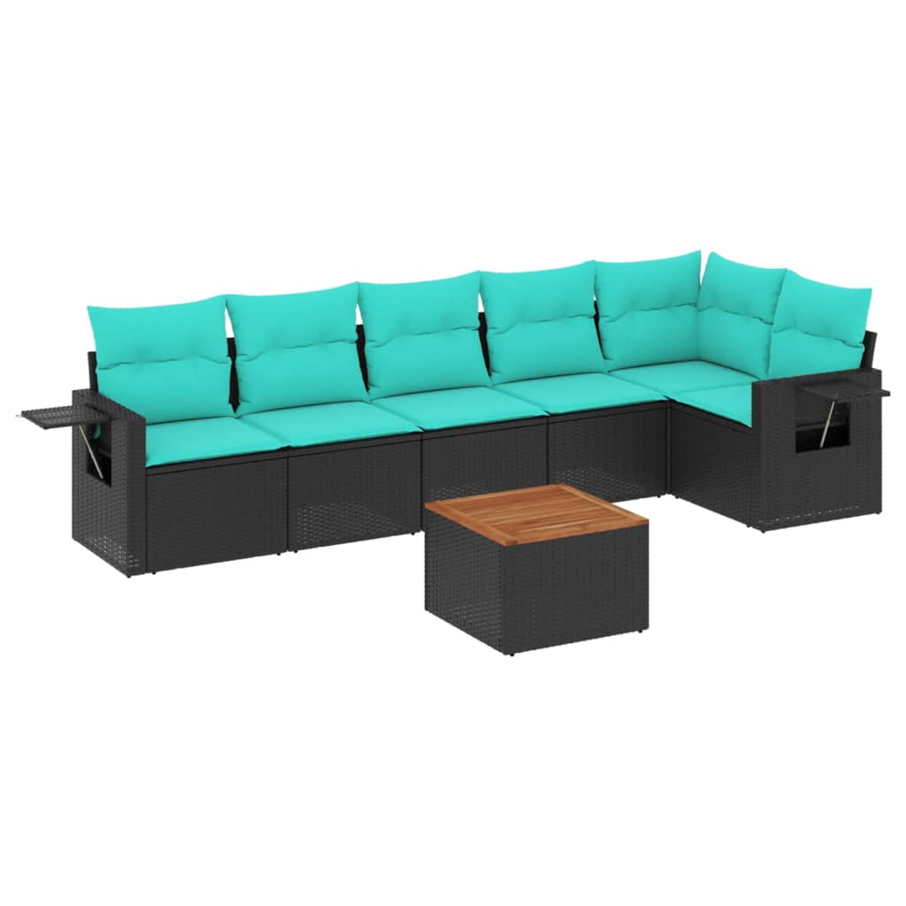 7-teiliges Gartensofa-Set mit Kissen, schwarzes Polyrattan