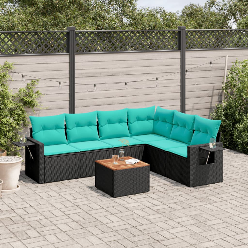 7-teiliges Gartensofa-Set mit Kissen, schwarzes Polyrattan