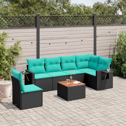 7-teiliges Gartensofa-Set mit Kissen, schwarzes Polyrattan