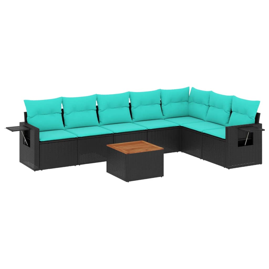 8-teiliges Gartensofa-Set mit Kissen, schwarzes Polyrattan