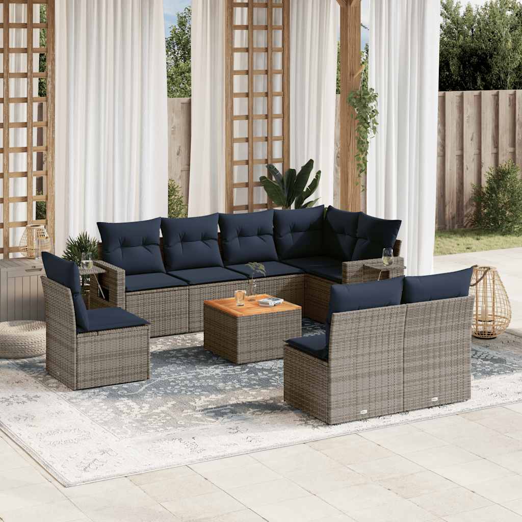 9-teiliges Gartensofa-Set mit Kissen, grau, Polyrattan