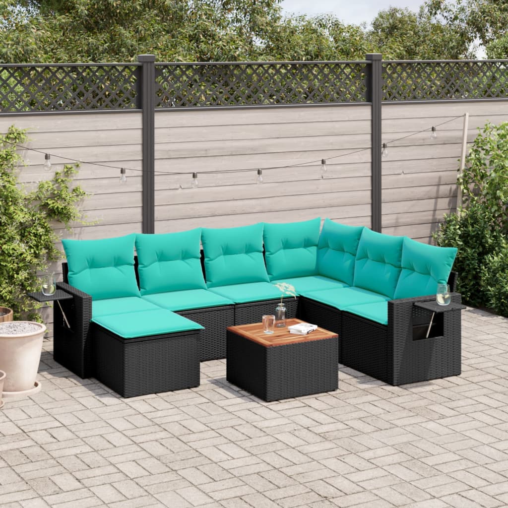 8-teiliges Gartensofa-Set mit Kissen, schwarzes Polyrattan