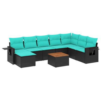 9-teiliges Gartensofa-Set mit Kissen, schwarzes Polyrattan
