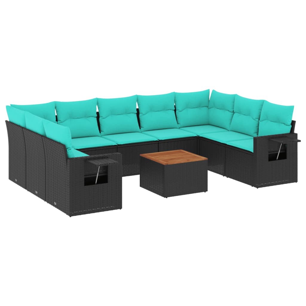 10-teiliges Gartensofa-Set mit Kissen, schwarzes Polyrattan