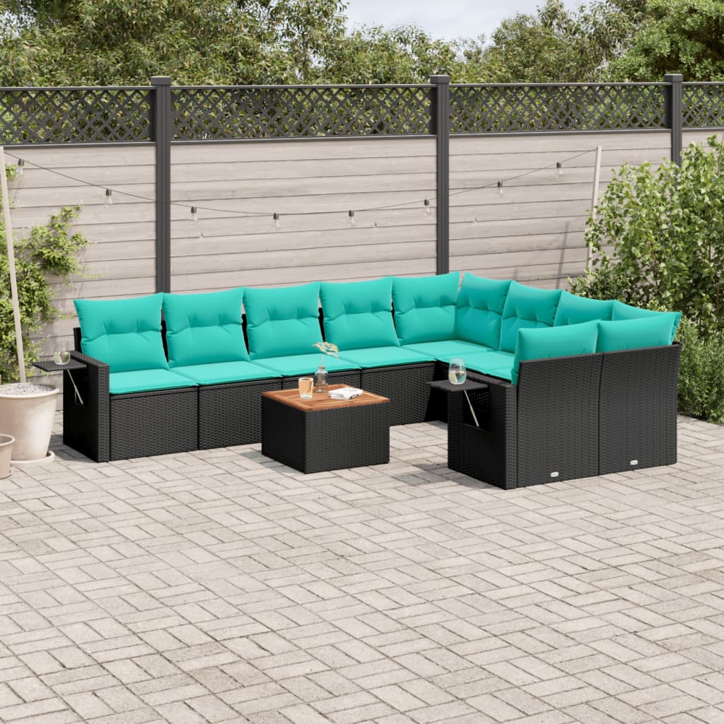 10-teiliges Gartensofa-Set mit Kissen, schwarzes Polyrattan