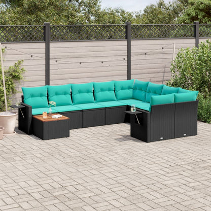 10-teiliges Gartensofa-Set mit Kissen, schwarzes Polyrattan