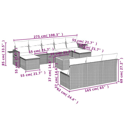 11-teiliges Gartensofa-Set mit Kissen, schwarzes Polyrattan