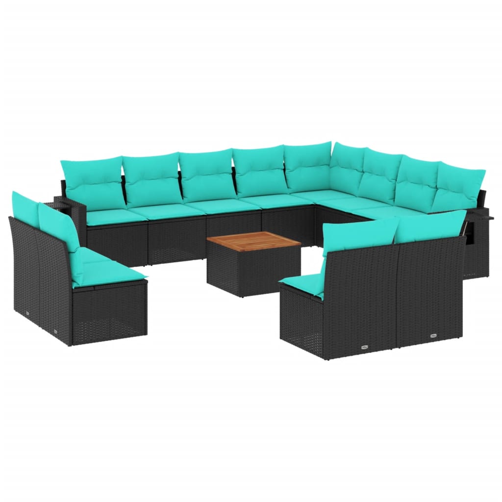 13-teiliges Gartensofa-Set mit Kissen, schwarzes Polyrattan