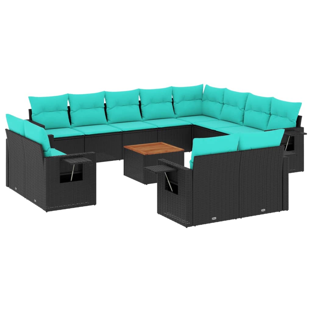 13-teiliges Gartensofa-Set mit Kissen, schwarzes Polyrattan