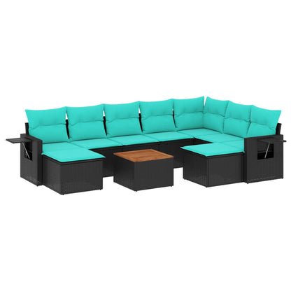 10-teiliges Gartensofa-Set mit Kissen, schwarzes Polyrattan