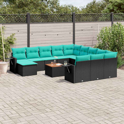 13-teiliges Gartensofa-Set mit Kissen, schwarzes Polyrattan