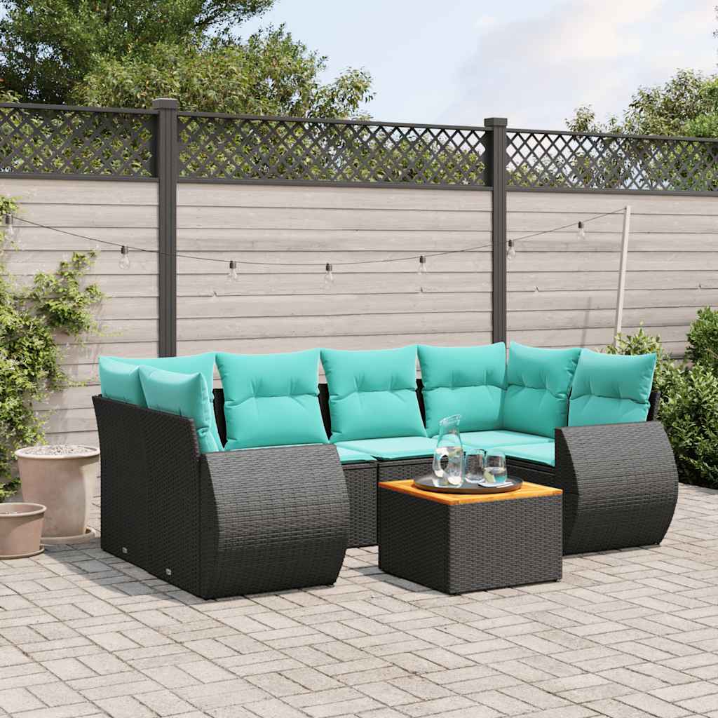7-teiliges Gartensofa-Set mit Kissen, schwarzes Polyrattan
