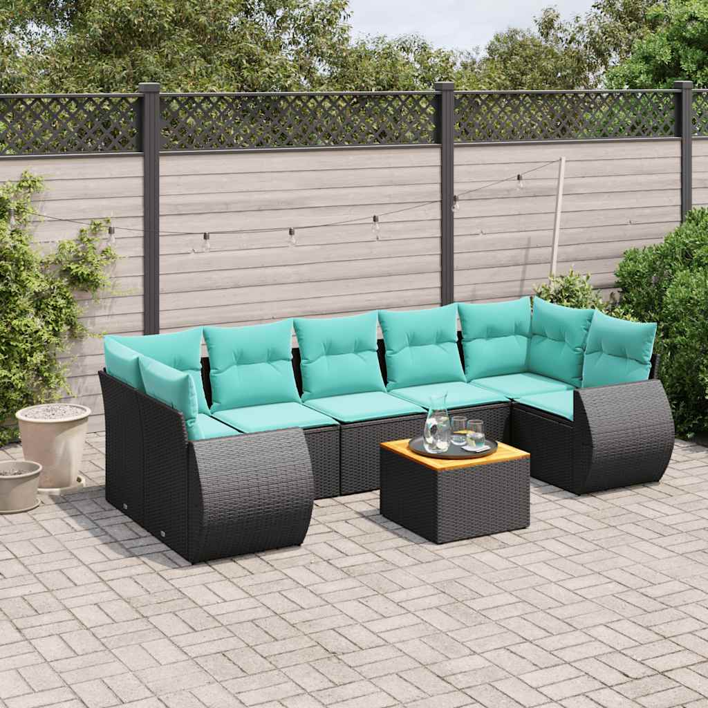 8-teiliges Gartensofa-Set mit Kissen, schwarzes Polyrattan