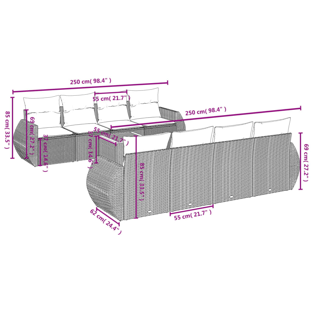 9-tlg. Garten-Sofagarnitur mit Kissen Grau Poly Rattan
