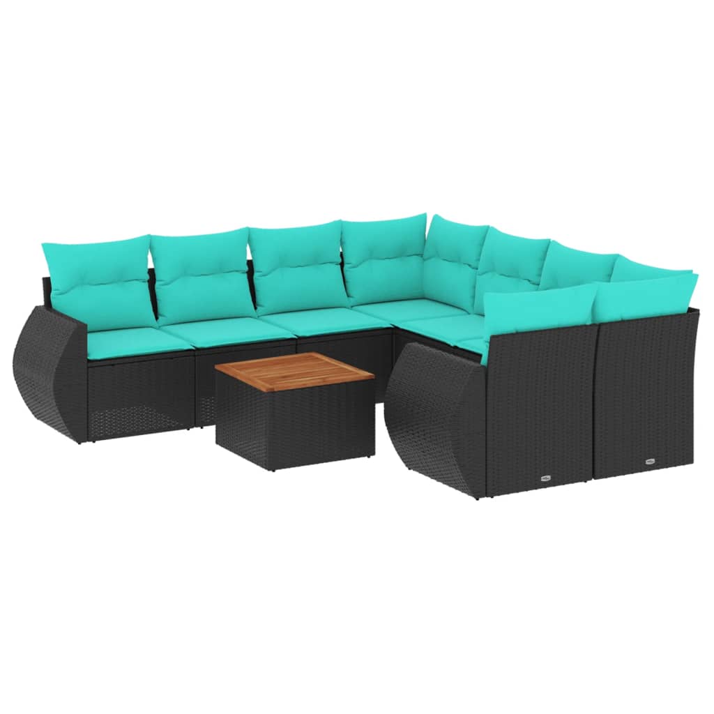9-teiliges Gartensofa-Set mit Kissen, schwarzes Polyrattan