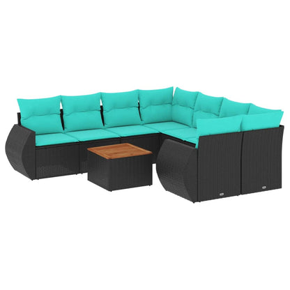 9-teiliges Gartensofa-Set mit Kissen, schwarzes Polyrattan