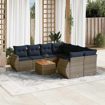 9-teiliges Gartensofa-Set mit Kissen, grau, Polyrattan