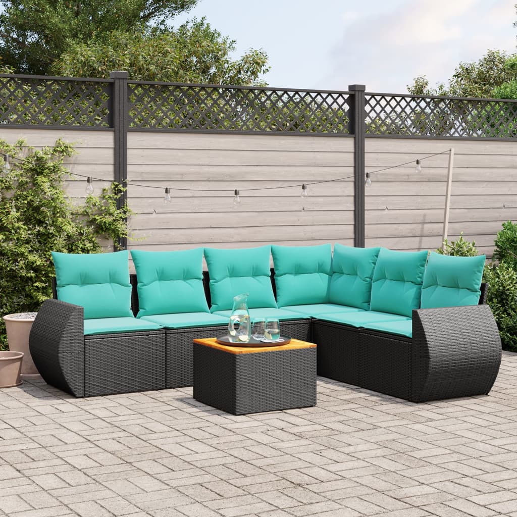7-teiliges Gartensofa-Set mit Kissen, schwarzes Polyrattan
