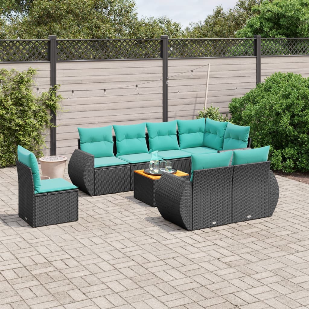 9-teiliges Gartensofa-Set mit Kissen, schwarzes Polyrattan