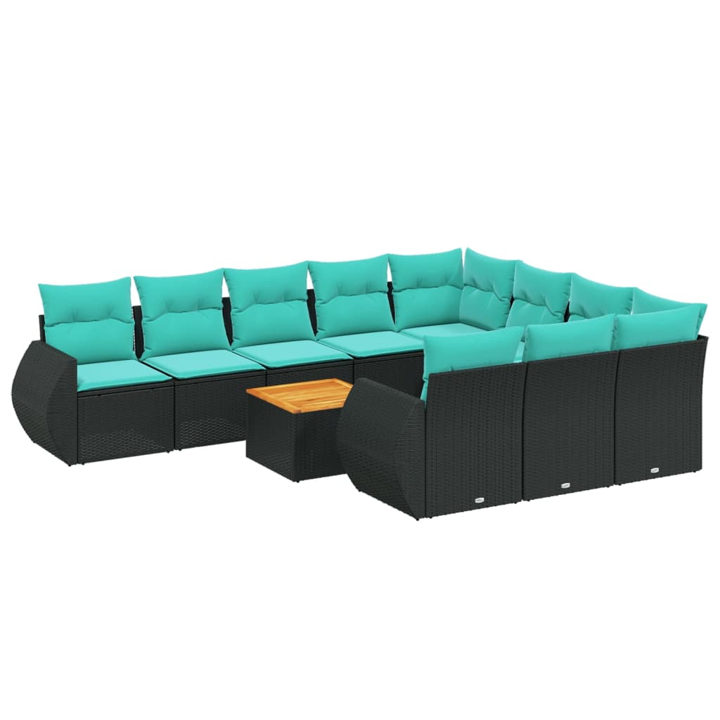 11-teiliges Gartensofa-Set mit Kissen, schwarzes Polyrattan