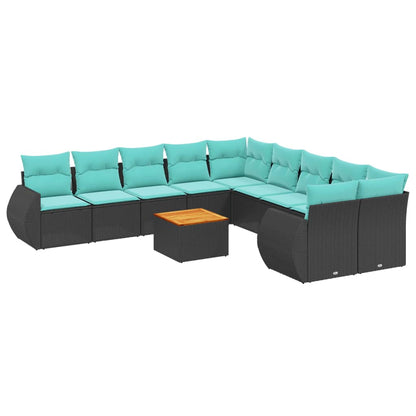 11-teiliges Gartensofa-Set mit Kissen, schwarzes Polyrattan