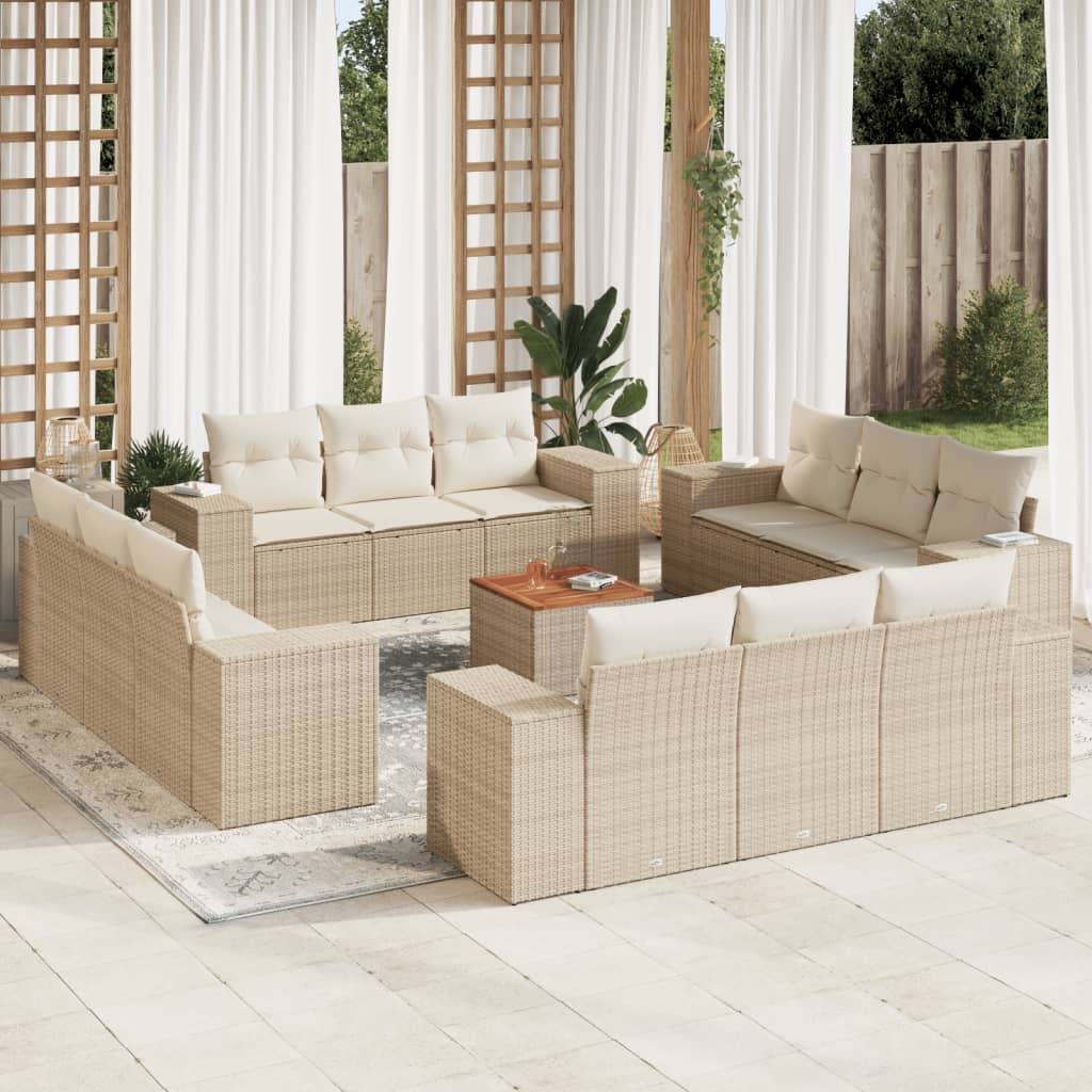 13-tlg. Garten-Sofagarnitur mit Kissen Beige Poly Rattan