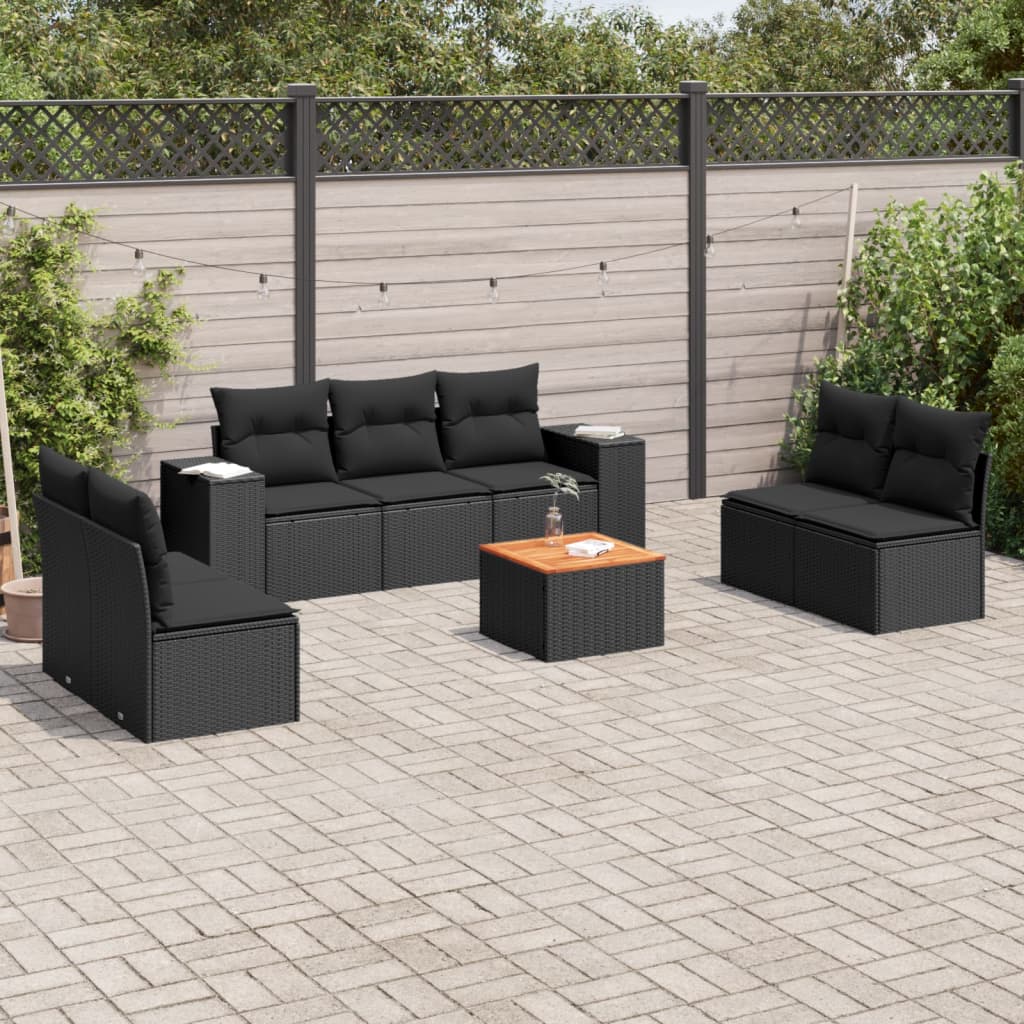 8-tlg. Garten-Sofagarnitur mit Kissen Schwarz Poly Rattan