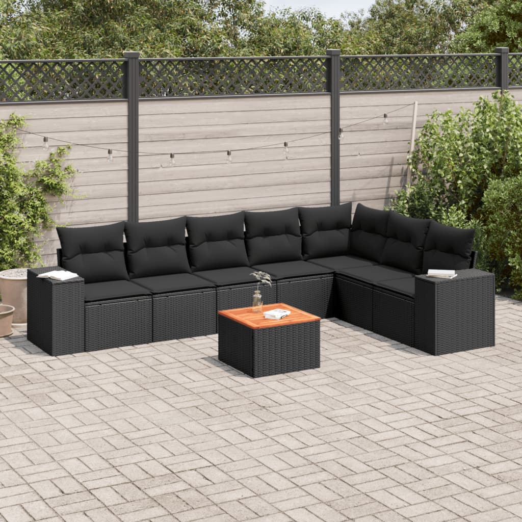 8-tlg. Garten-Sofagarnitur mit Kissen Schwarz Poly Rattan